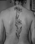Tatuagem floral feita em linha fina (fineline), estilo esboço (sketch), na região da coluna vertebral, no meio das costas, representando um ramos de flores.