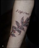 Tatuagem floral feita em linha fina (fineline), estilo esboço (sketch) na parte interna do antebraço, representando um ramo de café com completento de uma assinatura de bilhete.