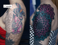 Cobertura feita em pontilhismo (dotwork), com detalhes em cor na região do ombro/braço, representando duas mandalas, cobrindo uma tatuagem amtiga e uma cicatriz.