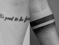 Cobertura feita em pontilhismo (dotwork) e blackout, na região do antebraço, representando duas faixas, cobrindo uma tatuagem antiga.