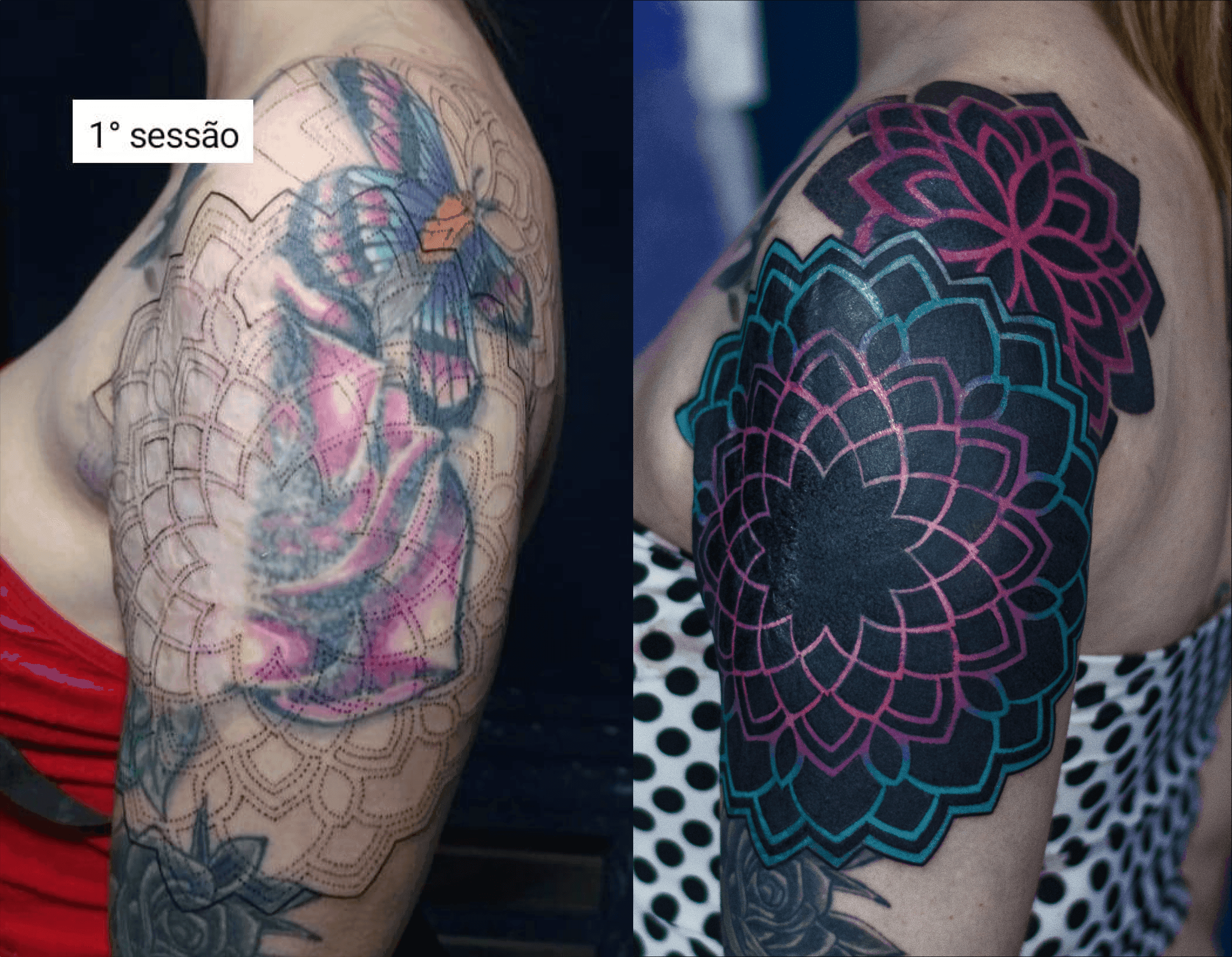 Cobertura feita em pontilhismo (dotwork), com detalhes em cor na região do ombro/braço, representando duas mandalas, cobrindo uma tatuagem amtiga e uma cicatriz.