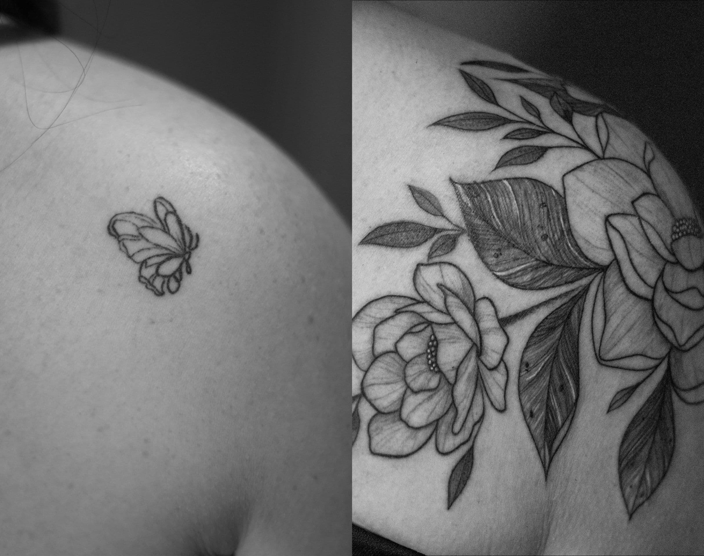 Cobertura feita em linha fina (finaline), estilo flora, na região do ombro/braço, representando flores, cobrindo uma tatuagem antiga.