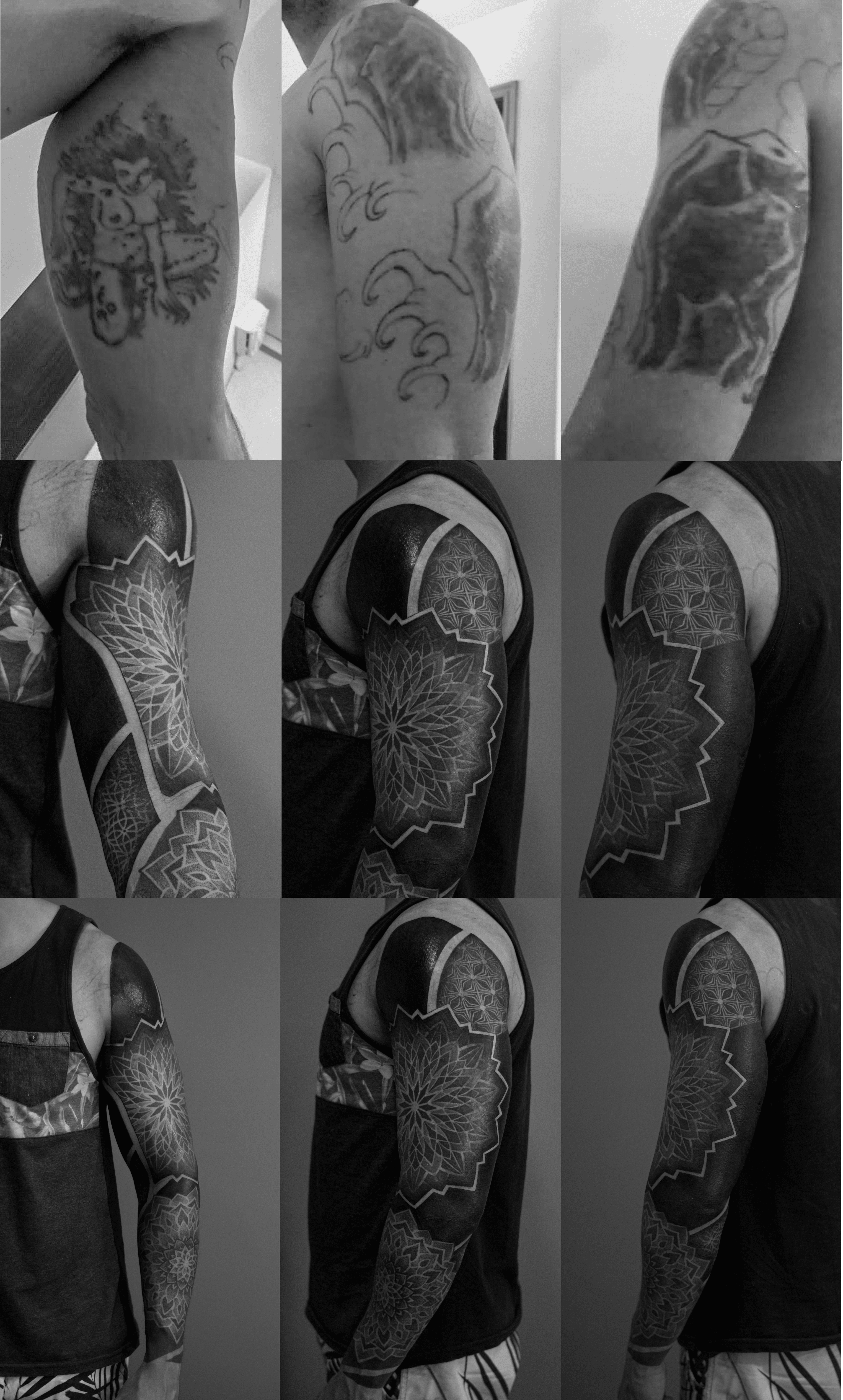 Cobertura feita em pontilhismo (dotwork) no braço, representando mandalas e padrões geométricos, cobrindo uma tatuagem antiga.